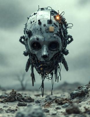 The primary subject of the image is a futuristic robot head with a mechanical appearance. The robot head is the main focus of the image, and it is set against a backdrop of a rocky, barren landscape. The visual style of the image is a combination of photo and digital art, creating a unique and intriguing scene. The dominant colors in the image are shades of gray and black, giving the robot head a mechanical and futuristic look. The overall atmosphere of the image is one of mystery and intrigue, as the viewer is left to wonder about the purpose and function of the robot head.
